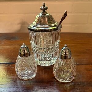 Crystal and silver sugar/jelly jar with glass salt and pepper shakers